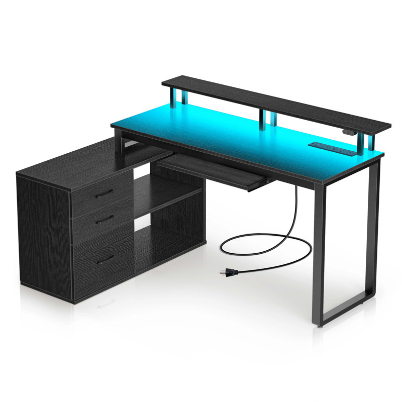 Ivy Bronx Ameliore 55.1" L Shaped Computer Desk with File Drawer, LED Lights and Keyboard Tray